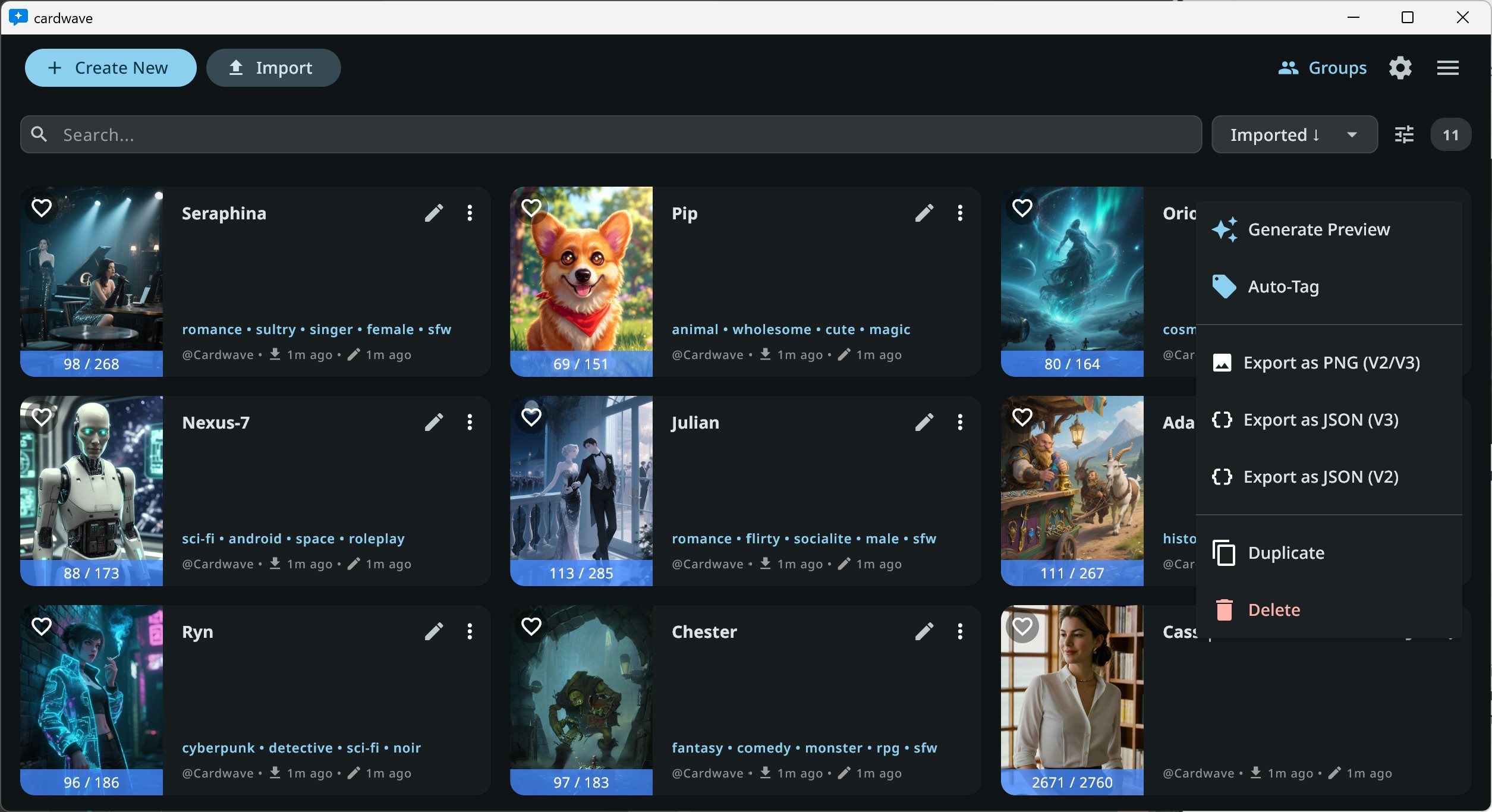 Cardwave workspace with character editor and chat side-by-side