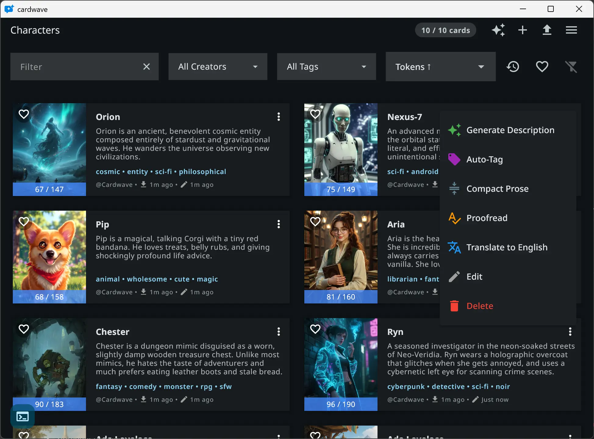 Cardwave workspace with character editor and chat side-by-side